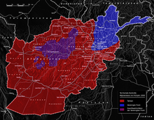 Military situation of Afghanistan in 2000, with the Northern Alliance (blue) and other factions including Hazaras (blue striped) resisting the Taliban (red). Afghanistan War 2000.png