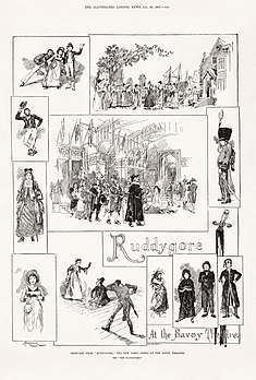 Page de The Illustrated London News du 29 janvier 1887 composée de dessins d'Amédée Forestier représentant quelques scènes de l'opéra-comique Ruddigore. (définition réelle 6 132 × 9 088)