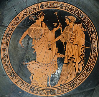 Apollon et Artémis, de Brygos (potier, signé), peintre de Briséis : tondo d'une tasse attique à figures rouges, vers 470, Musée du Louvre.