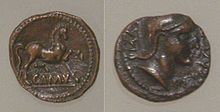 Bronze coins of Cunobelin, called "King of the Britons" by Suetonius. 1-42 AD. Bronze coins of Cunobelin 1 to 42 CE.jpg