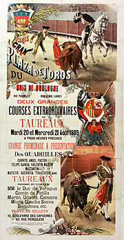 Affiche de 1889 annonçant deux courses de taureaux dans le bois de Boulogne. (définition réelle 5 032 × 9 748)