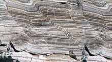 Originally horizontal strata deformed due to stress Folded gyprock.jpg