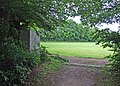 Blick vom Spazierweg am Jahn-Denkmal auf die große zweigeteilte Spielwiese des Lohrparks, die Wettkampffläche des Lohrbergfestes