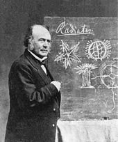 Louis Agassiz (here in 1870, with drawings of Radiata) believed in a sequence of creations in which humanity was the goal of a divine plan. Jean Louis Agassiz 1870.jpg