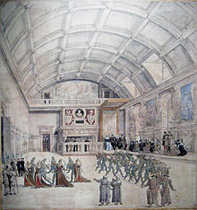 Sketch of a large room with a barrel vault ceiling. The room is occupied by several groups of people