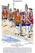 1745年。手前に擲弾兵中隊の兵士と鼓笛兵、左奥に将校と下士官、右端に一般中隊兵士。