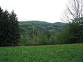 Das Schlierbacher Tal bei Linnenbach (Schiefer, Schiefergneis) und dahinter der Diorit-Gabbro-Krehberg vom Galgenberg aus