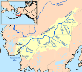 De Kuskokwim en syn ôfwetteringsgebiet (giel).