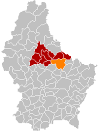 Map of Luxembourg with Vallée de l'Ernz highlighted in orange, and the canton in dark red