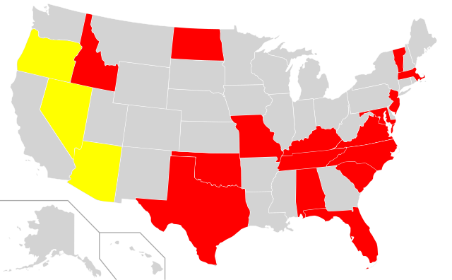 Carte ded Etats-Unis montrant Alabama, Florida, Idaho, Kentucky, Maryland, Massachusetts, Missouri, New Jersey, Caroline du Nord, Dakota du Nord, Caroline du Sud, Tennessee, Texas et Vermont en rouge pour désigner les Etats qui reconnaissent des chevaux comme animal d'Etat officiel. Arizona et Oregon en jaune pour montrer les propositions non retenues.