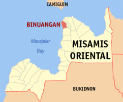 Mapa ng Misamis Oriental na nagpapakita sa lokasyon ng Binuangan.