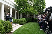 President Trump speaking in Rose Garden after the meeting with Congressional Democrats President Trump Delivers Remarks in the Rose Garden (47926538833).jpg