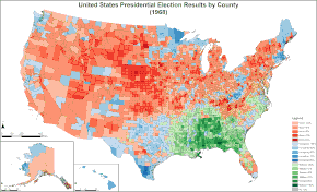 תוצאות הבחירות לפי מחוזות. ניקסון-אדום, האמפרי-כחול, וולאס-ירוק