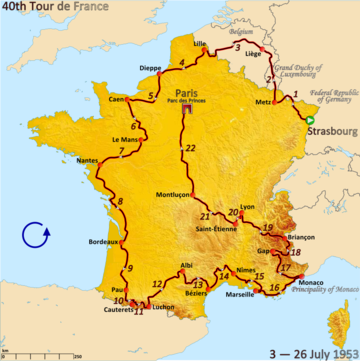 Route of the 1953 Tour de France followed counterclockwise, starting in Strasbourg and finishing in Paris