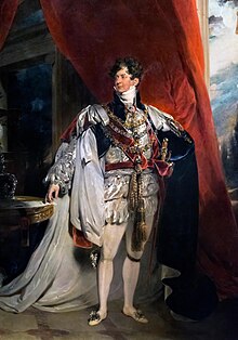 The patron of King's College London, King George IV, shown in a portrait by Sir Thomas Lawrence Sir Thomas Lawrence - King George IV as Prince Regent in Garter Robes - MV.40448 - Pinacoteca Vaticana.jpg