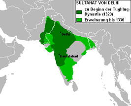 Politieke invloed van het sultanaat Delhi aan het begin van de dynastie (donkergroen) en tijdens de grootste veroveringen van sultan Muhammad bin Tughluq (lichtgroen, rond 1340).