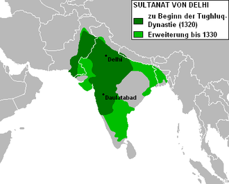 Größte Ausdehnung des Delhi-Sultanats zu Beginn der Tughluq-Dynastie