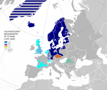 The spread of reformation movements in 16th-century Europe (Bohemian Reformation in orange) The Protestant Reformation.svg