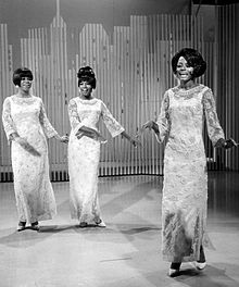 The Supremes: Diana Ross (right), Mary Wilson (center), Florence Ballard (left) performing My World Is Empty Without You on The Ed Sullivan Show in 1966.[1]