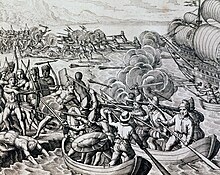 Peinture représentant des Européens en bateau tirant au canon et bataillant contre des indigènes.