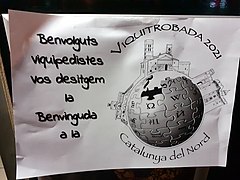 Welcome sign (2021 Viquitrobada in Elna, Northern Catalonia, Nov. 2021)