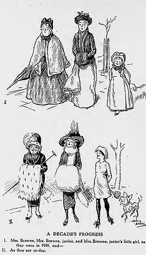 A cartoon in Punch (1911) compares changes in fashion between 1901 and 1911. "The dowdy voluminous clothes of the earlier date, making the grandmother an old lady and the mother seem plain, had been replaced by much simpler looser wear producing a sense of release for all three females." Women dress-1901-1911-Punch.jpg