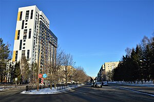 Вид на северный участок улицы Карбышева в микрорайоне Танкодром (декабрь 2018)