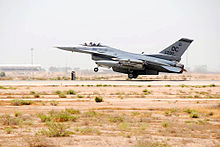 121st Expeditionary Fighter Squadron F-16C Fighting Falcon 86-0209 lifts off the runway at Balad AB, Iraq 121st Expeditionary Fighter Squadron - General Dynamics F-16C Block 30C Fighting Falcon 86-0209.jpg