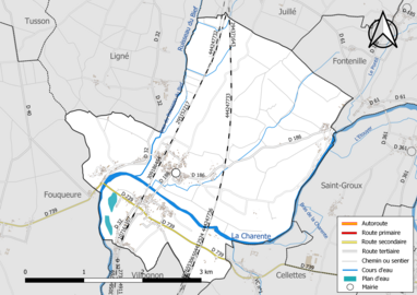 Carte en couleur présentant le réseau hydrographique de la commune