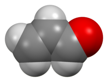 An acrolein molecule. DFT gives good results in the prediction of sensitivity of some nanostructures to environmental pollutants such as Acrolein. Acrolein-s-trans-GED-MW-3D-sf.png