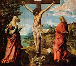 Crucifixion by Albrecht Altdorfer, c. 1514, with a tiny donor couple among the feet of the main figures. Altdorfer was one of the last major artists to retain this convention. Albrecht Altdorfer - Christus am Kreuz mit Maria und Johannes (Gemaldegalerie Alte Meister Kassel).jpg
