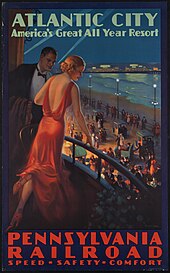 1930s Atlantic City promotional art by Edward Mason Eggleston. Atlantic City--America's Great All Year Resort, Pennsylvania Railroad, painting by Edward Mason Eggleston.jpg