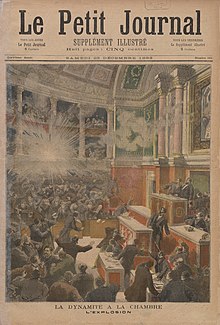Artist's rendition of the bomb thrown by the anarchist Auguste Vaillant into the Chamber of Deputies of the French National Assembly in December 1893 Bomb French Chamber 1893.jpg