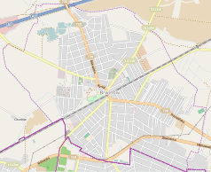 Mapa konturowa Brwinowa, w centrum znajduje się punkt z opisem „Cmentarz rzymskokatolickiw Brwinowie”