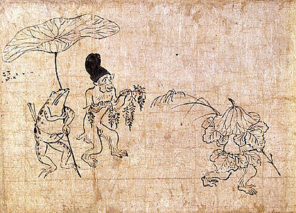 Fragment du premier rouleau du Chōjū-jinbutsu-giga, représentant une grenouille tenant un muguet au-dessus de la tête d'un moine.
