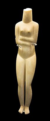 Female marble figurine, Kapsala type (EC II, 2700-2600 BCE; British Museum) Cycladic figurine woman, marble, Kapsala, 2700-2600 BC, BM, A25, 142660.jpg