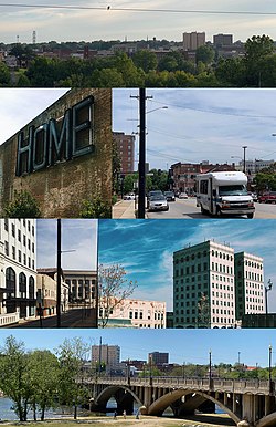 Worsham Street Overlook, Main & Ridge St. Intersection, Masonic Building (River City Towers), Martin Luther King Jr. Memorial Bridge, Municipal Building from Union Street, Repurposed Dan River Fabrics "Home" Sign.(Clockwise from the Top)
