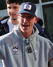 Dan Hurley, head coach of the UConn Huskies men's basketball team, departs for the 2023 NCAA Final Four during a send-off ceremony at Storrs, Connecticut, on March 29, 2023.