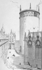 Vista restaurada del patio y de la torre del homenaje, grabado de Viollet-le-Duc.