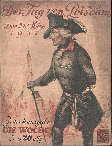 Capa da edição especial Der Tag von Potsdam (Dia de Potsdam) no semanário Die Woche de 21 de março de 1933, sobre a cerimônia de reabertura do Reichstag alemão. Mostra um retrato de Frederico, o Grande, rei da Prússia, a quem os nazistas glorificaram como um precursor de Hitler. (definição 4 720 × 4 720)