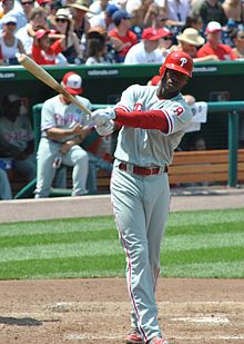 Domonic Brown's struggles continued into May, when he had a .146 batting average. Domonic Brown warmup.jpg