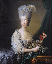 Old portrait of a woman in a blue dress with a headdress on top of her extremely tall hair and holding a garland of roses