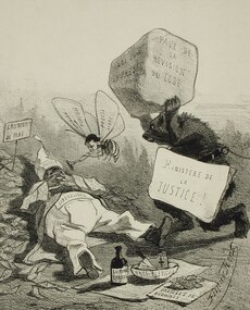 "קומדיה פוליטית" (1859) ליתוגרפיה (23.65‏ x‏ 18.89 ס"מ) מוזיאון מחוז לוס אנג'לס לאמנות לאמנות