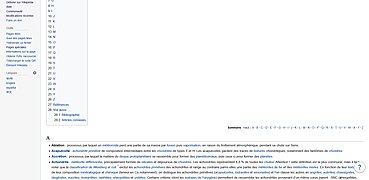 Capture d'écran d'une liste de météorites avec l'affichage du sommaire de MediaWiki permettant de naviguer entre les sections de météorites
