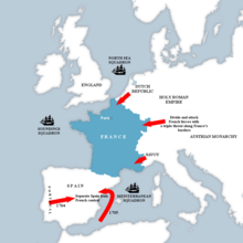 France's central position required the Grand Alliance to attack on exterior lines. Grand Strategy, War of the Spanish Succession.png
