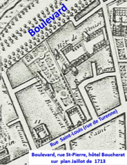 Lotissement en 1713 : une partie de la rue Saint-Pierre est supprimée pour étendre les jardins des hôtels jusqu’au boulevard