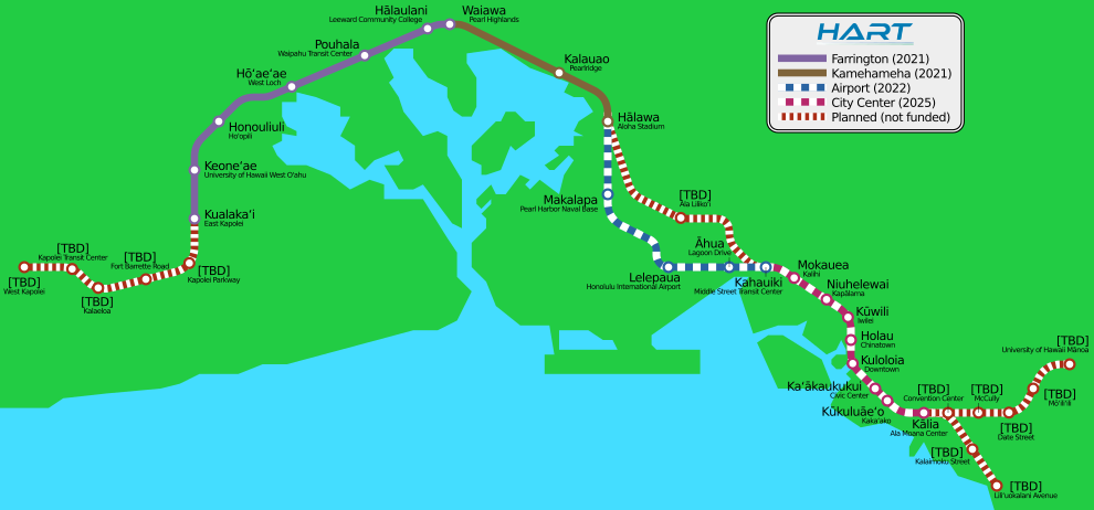 Mapa de ruta esquemàtic per al Metro de Honolulu quan estigui complet, incloses les extensions proposades als extrems est i oest del sistema.