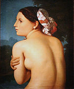 Tableau d’une femme nue de dos, et croisant les bras.