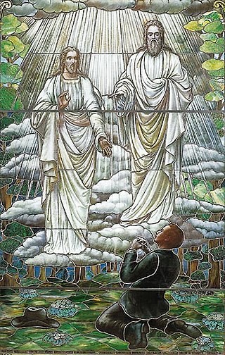 Stained glass depiction of Joseph Smith's first vision.