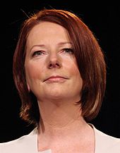 Julia Gillard was sworn in as the first female Prime Minister of Australia in 2010. Julia Gillard 2010.jpg